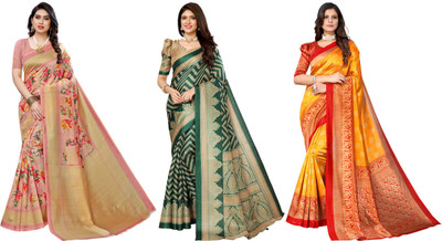 ANIRAV Printed, Woven Kalamkari Art Silk Saree(Pack of 3, Pink, Dark Green, Yellow)