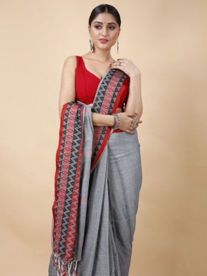 DipDiya Temple Border Handloom Cotton Blend Saree(Grey)