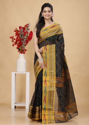 SLAGHA Checkered Tant Handloom Pure Cotton Saree(Black)