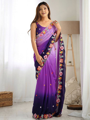 Sangria Embroidered Daily Wear Georgette Saree(Purple)
