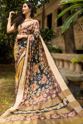 Dharmata Enterprise Digital Print Kalamkari Tussar Silk Saree(Brown)
