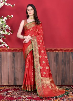 Manokamna Printed Banarasi Silk Blend Saree(Red)