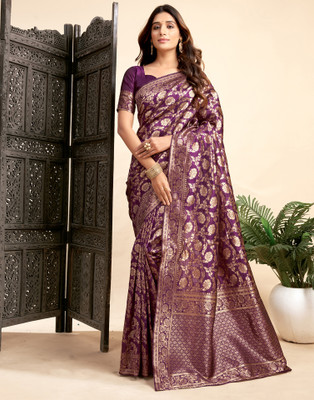 Samah Woven, Embellished Kanjivaram Silk Blend, Jacquard Saree(Gold, Purple)