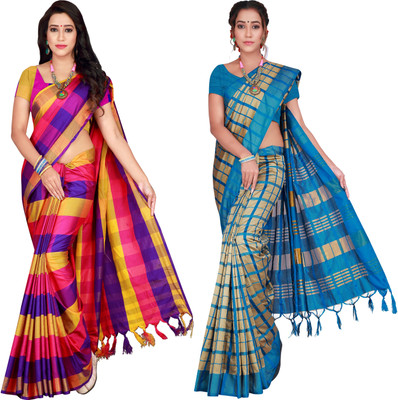 Shaibo saree Checkered Bollywood Cotton Silk Saree(Pack of 2, Multicolor)