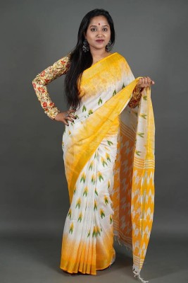 RISILA Digital Print Ikkat Cotton Linen Saree(Yellow)