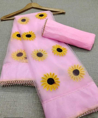 LADYPOTION Embroidered Banarasi Net Saree(Pink)