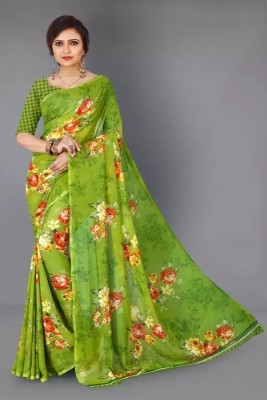 Nirvaan Floral Print Bollywood Georgette Saree(Green)