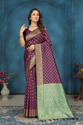 GARIYA Woven, Self Design, Temple Border Banarasi Silk Blend Saree(Magenta)