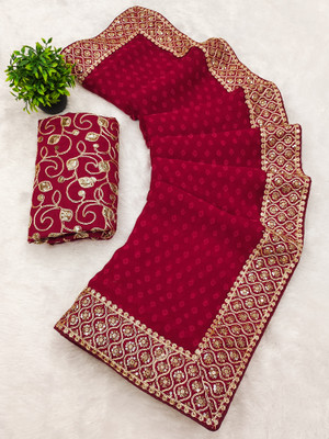 AMBUJAINTERNATIONAL Embroidered Bandhani Georgette Saree(Maroon)