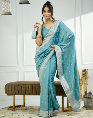 Samah Embroidered, Embellished Bollywood Silk Blend Saree(Light Blue)