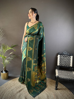 Elora Woven Banarasi Silk Blend Saree(Dark Green)