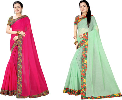 manish Printed Chanderi Cotton Blend Saree(Pack of 2, Magenta, Light Green)