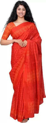 Tropwear Self Design, Printed, Blocked Printed, Digital Print, Hand Painted Ikkat Pure Cotton Saree(Orange)