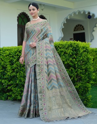 Samah Woven, Embellished, Self Design Ikkat Organza Saree(Grey, Multicolor)