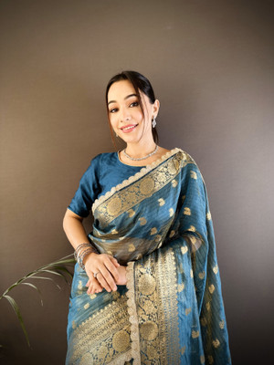 SHARDHA FASHION Woven, Self Design Banarasi Pure Silk, Tissue Saree(Black, Yellow, Multicolor)