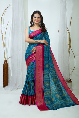 HERE&NOW Printed Banarasi Cotton Blend Saree(Blue, Pink)
