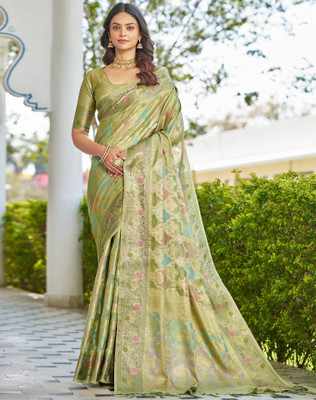Tasrika Woven, Embellished Banarasi Jacquard, Silk Blend Saree(Multicolor, Green)