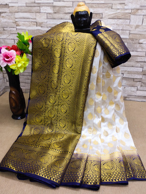 Zinsy Creation Woven Banarasi Art Silk Saree(White, Dark Blue)
