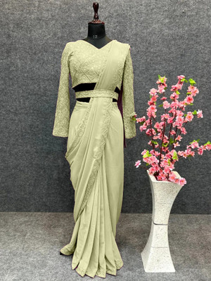 Pionex Embroidered, Solid/Plain Bollywood Chiffon Saree(Light Green)