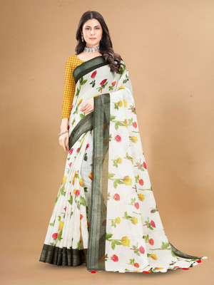 ANOUK Printed Daily Wear Linen Saree(White)