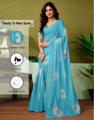 Satrani Floral Print, Geometric Print, Printed Sambalpuri Chanderi, Cotton Blend Saree(Blue)