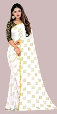 V And V Shop Self Design Banarasi Chiffon Saree(White)