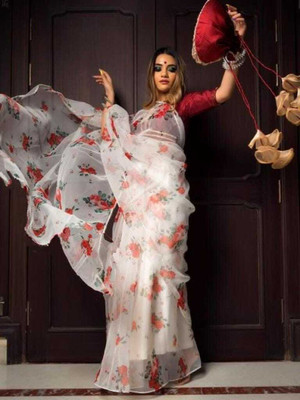 ramiv vastra Digital Print Bollywood Organza Saree(White)