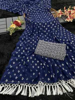 Vikash fab Printed Bollywood Georgette Saree(Dark Blue)