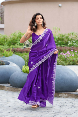 Mahastree Embroidered Bollywood Chiffon Saree(Purple)