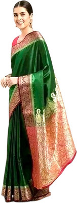 jdcreation Solid/Plain Banarasi Satin Saree(Green)