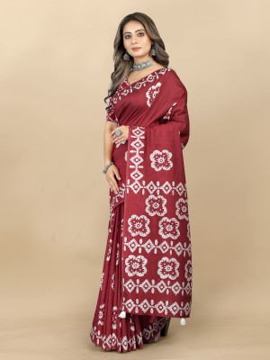 THIRA Printed Hand Batik Chanderi Saree(Maroon)