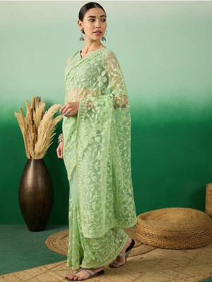 NIYANTAKSH Embroidered, Floral Print, Woven, Embellished Bollywood Net Saree(Light Green)