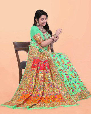 Wovenza Self Design, Woven Bollywood Cotton Blend, Semi-Pashmina Saree(Light Green)