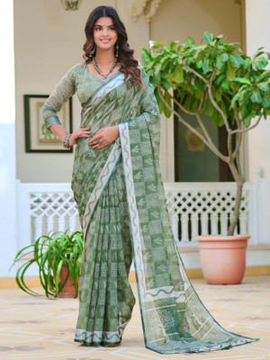 Anouk Rustic Digital Print Chinnalapattu Cotton Linen Saree(Green)