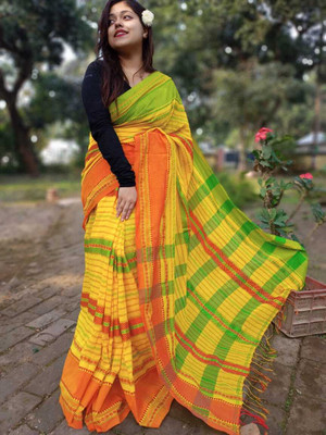 AMIT STORE Striped Handloom Cotton Blend Saree(Gold)