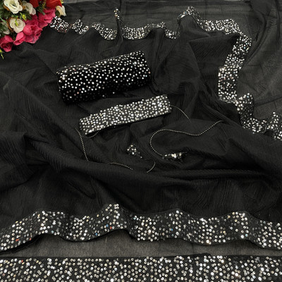 SROLY Embellished Bollywood Net Saree(Black)