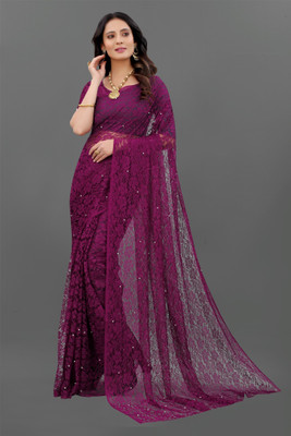 DHARMEE Embellished Bollywood Net, Brasso Saree(Purple)