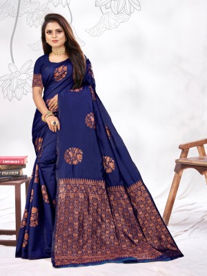 Vastram Enterprise Floral Print Banarasi Silk Blend Saree(Dark Blue)