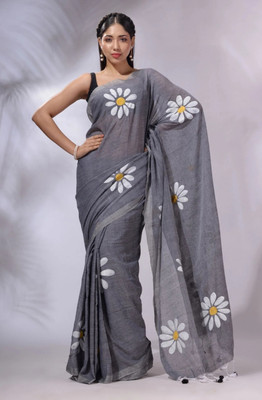 LDma Floral Print Tant Handloom Cotton Blend Saree(Grey)