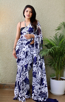 THEOMDESIGNER Printed Bollywood Georgette Saree(Dark Blue, White)