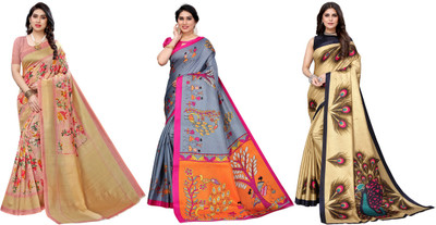 Nirvaan Printed Kanjivaram Art Silk Saree(Pack of 3, Pink, Grey, Gold)