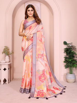Hasti Graphic Print Assam Silk Cotton Linen Saree(Multicolor)