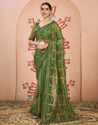 Samah Embellished Bollywood Net, Lace Saree(Green)