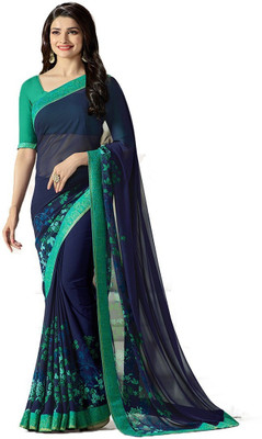SUPUJIT Printed, Digital Print, Floral Print Bollywood Georgette Saree(Blue)