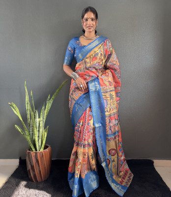 KRISHU ETHNICS Printed Kalamkari Art Silk Saree(Multicolor)