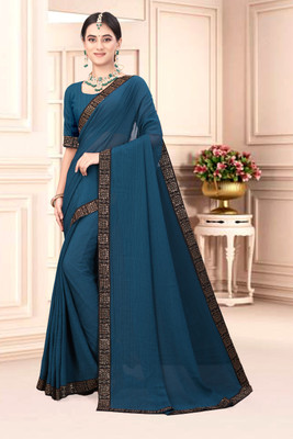 riyanshi fashion Solid/Plain, Self Design, Embellished Bollywood Georgette Saree(Blue)