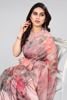 MIRCHI FASHION Printed, Digital Print, Floral Print Bollywood Organza Saree(Orange, Pink)