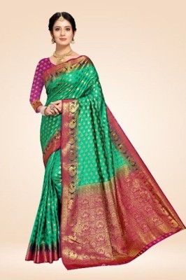 MA FASHION Woven Banarasi Silk Blend, Jacquard Saree(Green, Maroon)