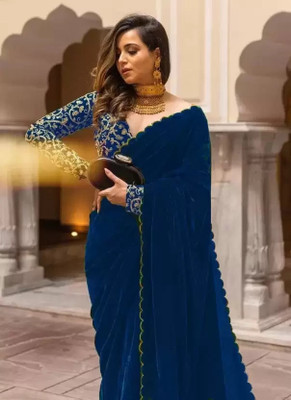 Yozzby Embellished, Solid/Plain Bollywood Velvet Saree(Light Blue)