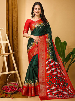 Anouk Rustic Printed Chinnalapattu Silk Blend Saree(Green)